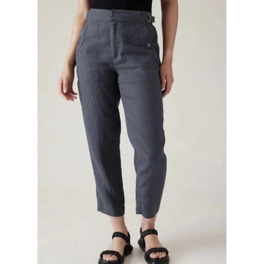 Athleta Voyager Linen High Rise Ankle Pants Granite Blue 16 Adjustable Waist